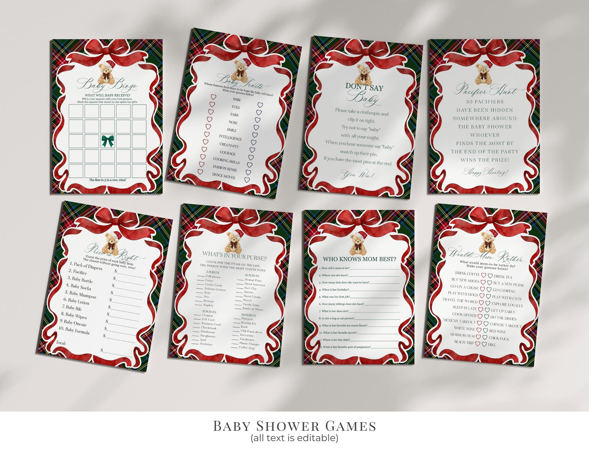 Green Tartan Plaid Christmas Bear Baby Shower Bundle Template, We Can Bearly Wait Christmas Baby Sprinkle, December Nesting Party WP1083