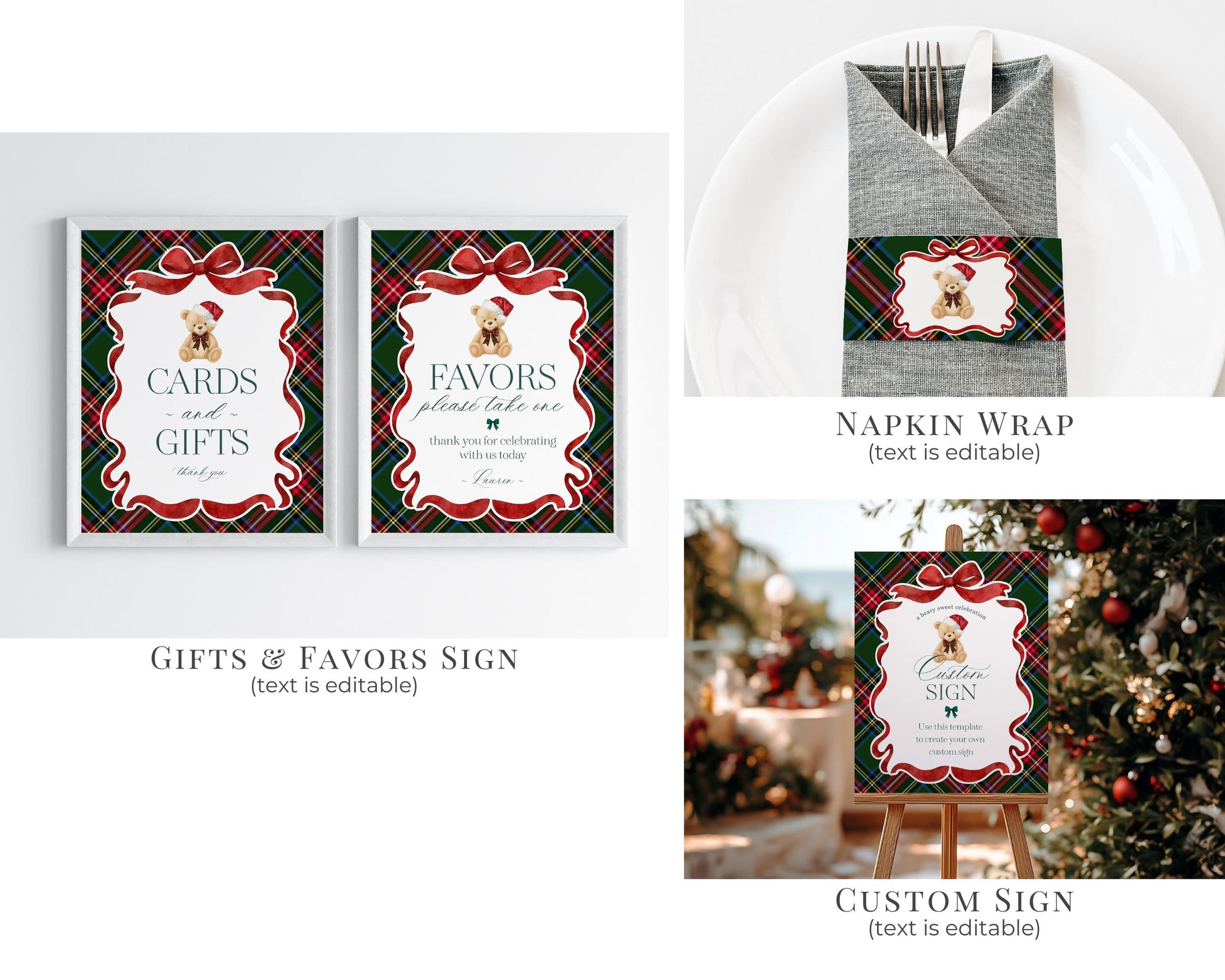 Green Tartan Plaid Christmas Bear 1st Birthday Bundle Template, Beary First Birthday Christmas Bday Party Decor, December Plaid Bear WP1083