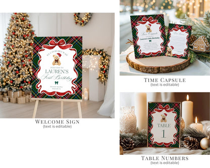 Green Tartan Plaid Christmas Bear 1st Birthday Bundle Template, Beary First Birthday Christmas Bday Party Decor, December Plaid Bear WP1083