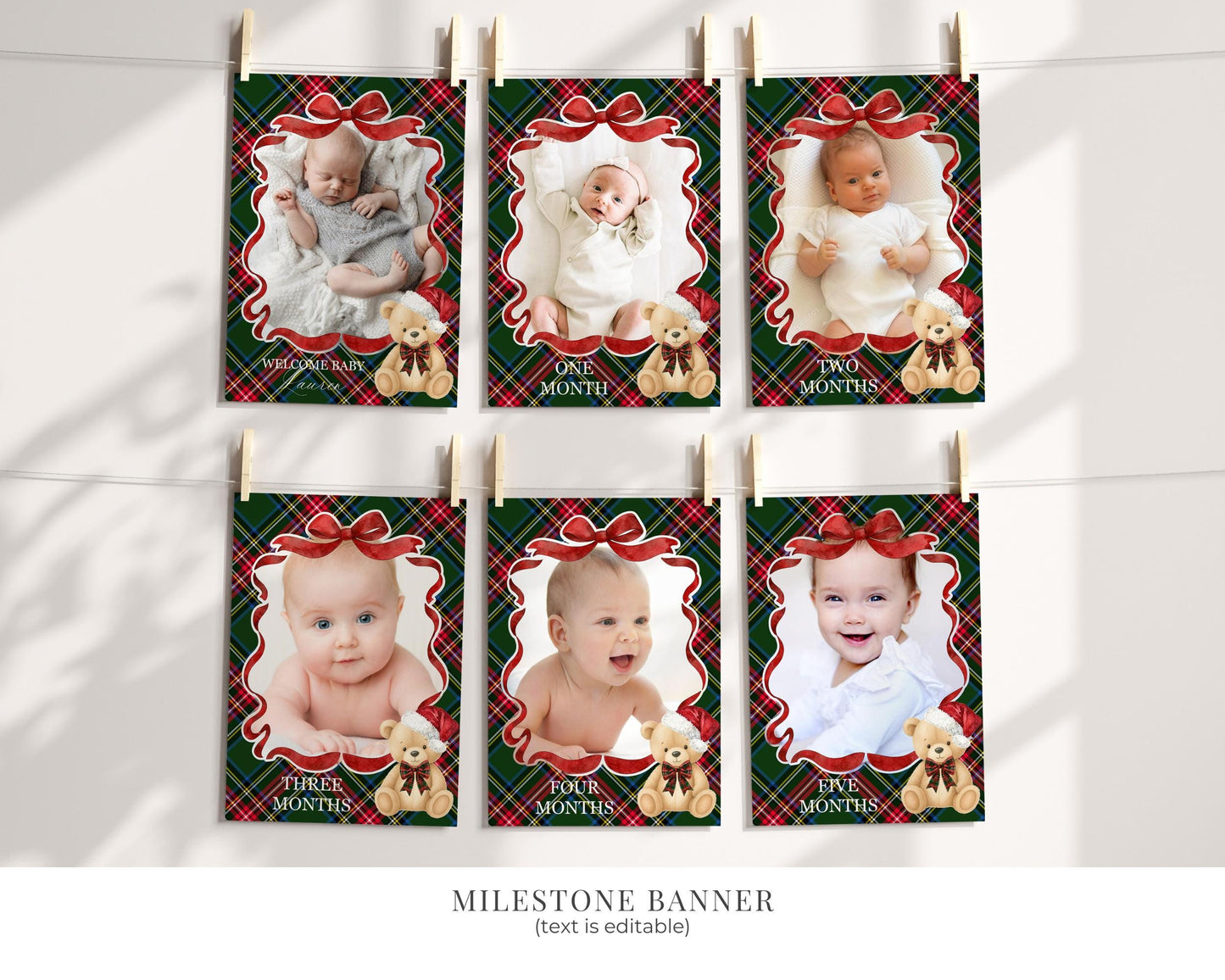 Green Tartan Plaid Christmas Bear 1st Birthday Bundle Template, Beary First Birthday Christmas Bday Party Decor, December Plaid Bear WP1083