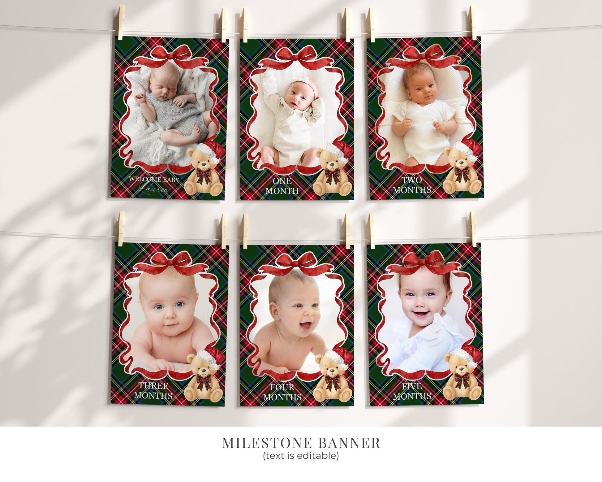 Green Tartan Plaid Christmas Bear 1st Birthday Bundle Template, Beary First Birthday Christmas Bday Party Decor, December Plaid Bear WP1083