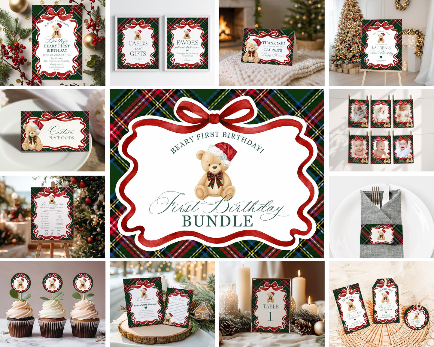 Green Tartan Plaid Christmas Bear 1st Birthday Bundle Template, Beary First Birthday Christmas Bday Party Decor, December Plaid Bear WP1083