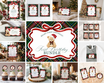 Green Tartan Plaid Christmas Bear 1st Birthday Bundle Template, Beary First Birthday Christmas Bday Party Decor, December Plaid Bear WP1083