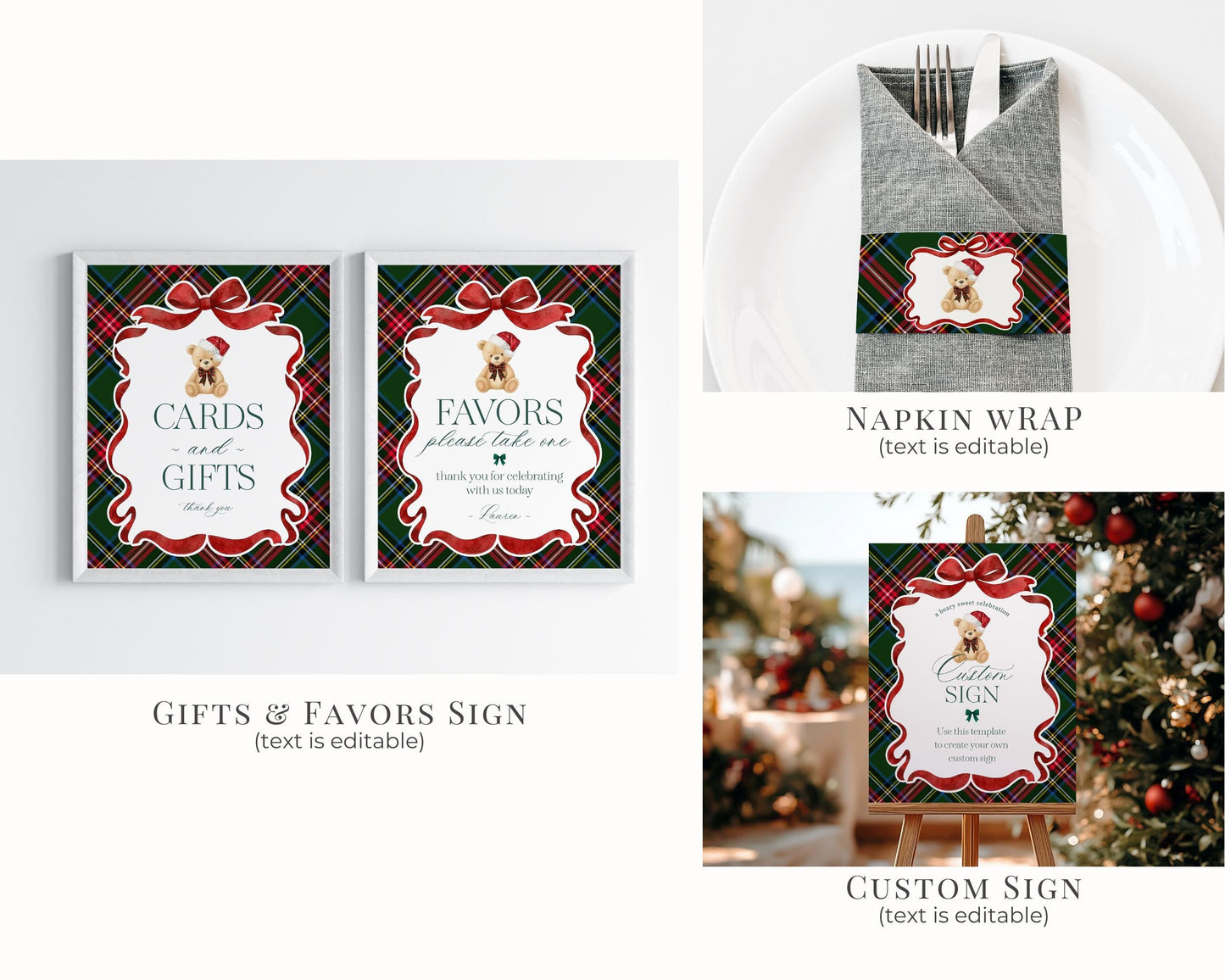 Green Tartan Plaid Christmas Bear Birthday Bundle Template, Christmas Teddy Bear Birthday Party, December Plaid Bear Party Decoration WP1083