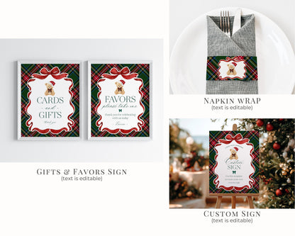 Green Tartan Plaid Christmas Bear Birthday Bundle Template, Christmas Teddy Bear Birthday Party, December Plaid Bear Party Decoration WP1083