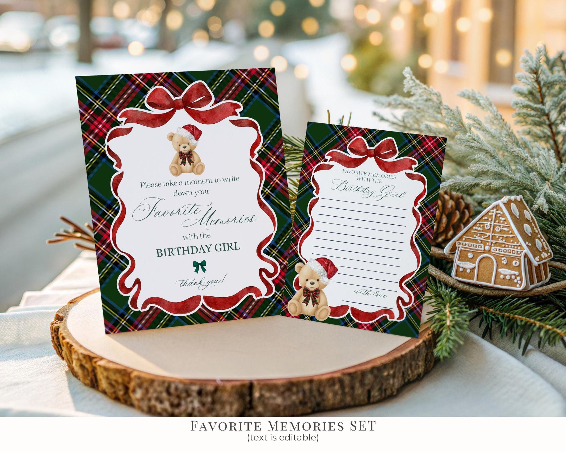 Green Tartan Plaid Christmas Bear Birthday Bundle Template, Christmas Teddy Bear Birthday Party, December Plaid Bear Party Decoration WP1083