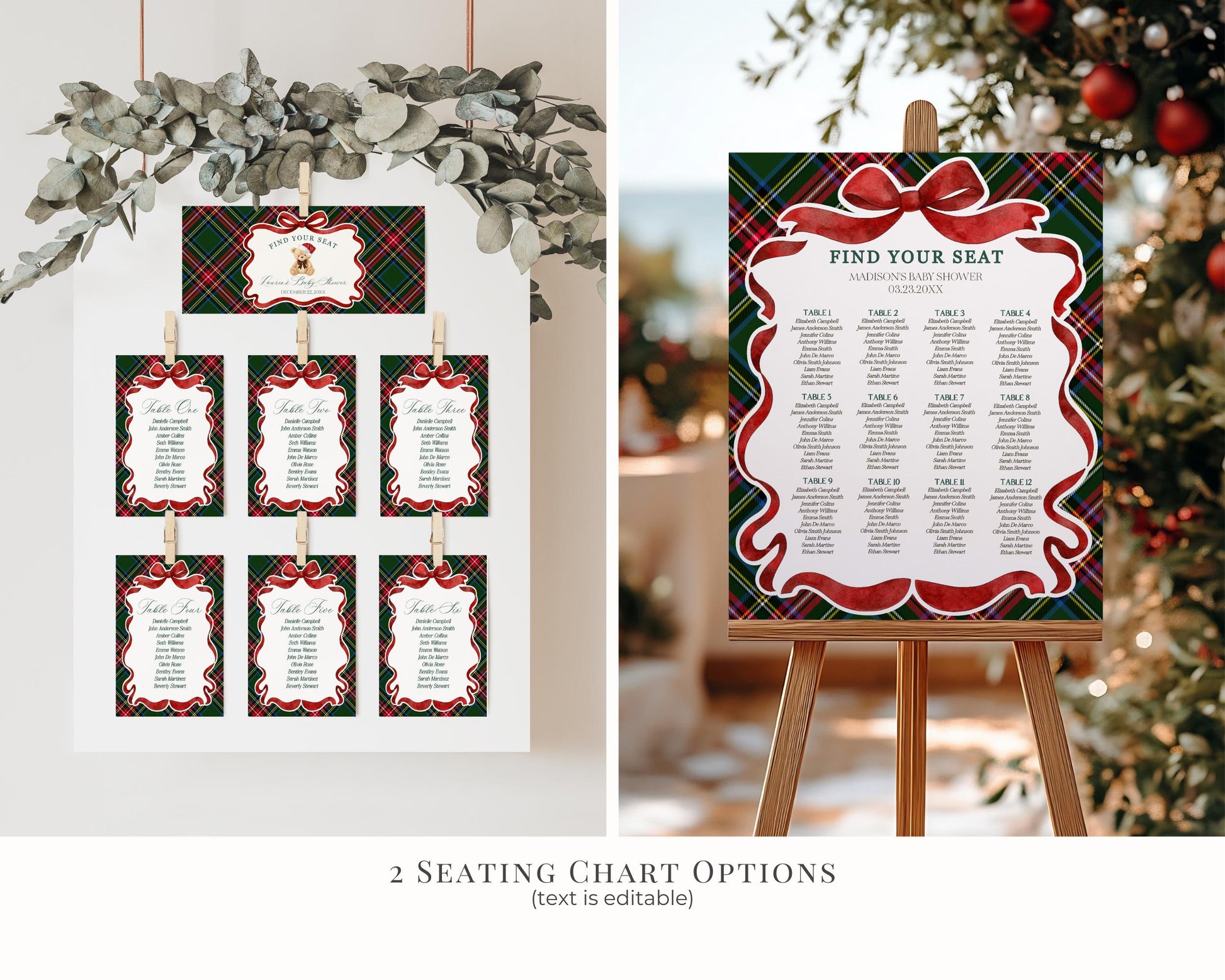 Green Tartan Plaid Christmas Bear Birthday Bundle Template, Christmas Teddy Bear Birthday Party, December Plaid Bear Party Decoration WP1083