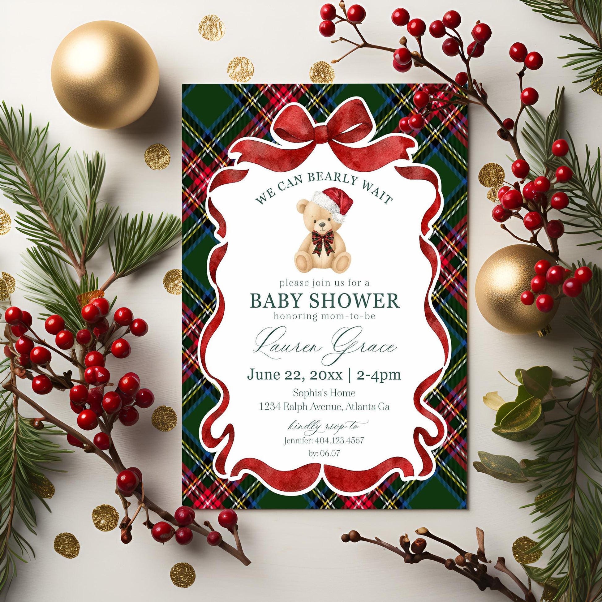 Green Tartan Plaid Christmas Bear Baby Shower Invitation Template, We Can Bearly Wait Christmas Baby Sprinkle, December Nesting Party WP1083