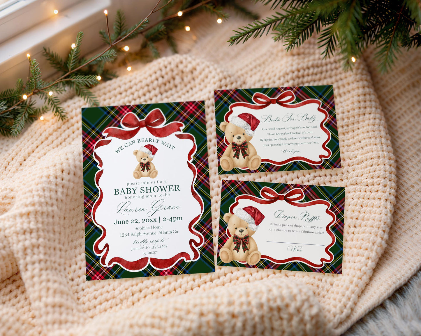 Green Tartan Plaid Christmas Bear Baby Shower Invitation Template, We Can Bearly Wait Christmas Baby Sprinkle, December Nesting Party WP1083