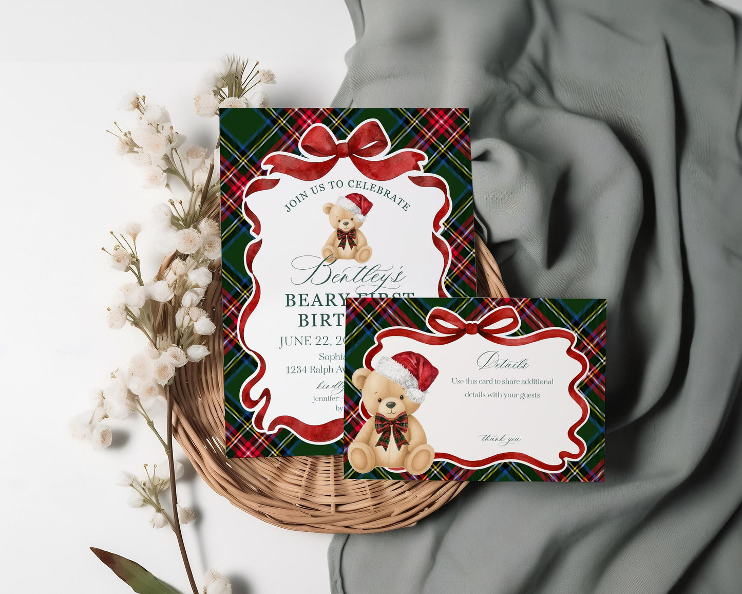 Green Tartan Plaid Christmas Bear 1st Birthday Invite Template, Beary First Birthday Christmas Birthday Party Decor, December Party WP1083