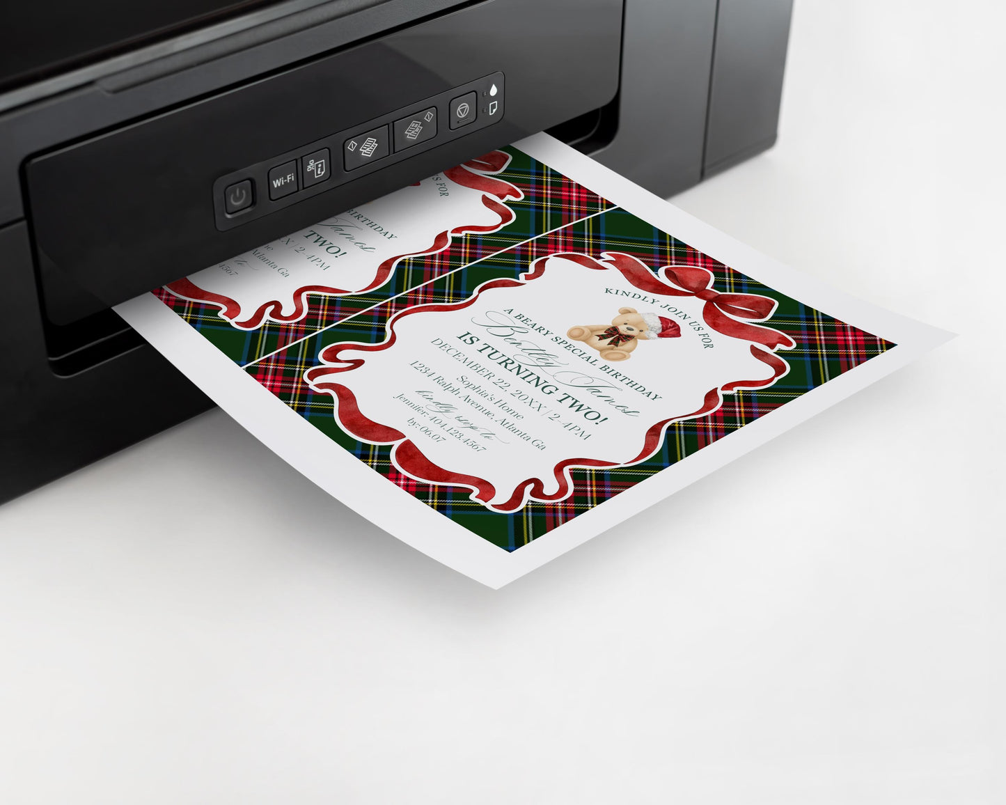 Green Tartan Plaid Christmas Bear Birthday Invite Printable Template, Christmas Teddy Bear Birthday Party, December Beary Merry Party WP1083