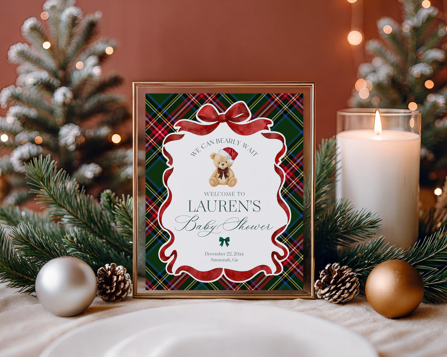 Green Tartan Plaid Christmas Bear Baby Shower Welcome Sign Template, We Can Bearly Wait Christmas Baby Sprinkle, December Nesting WP1083