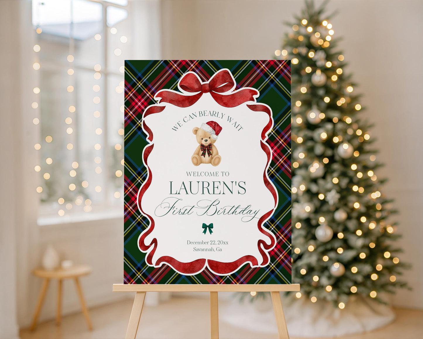 Green Tartan Plaid Christmas Bear Birthday Party Welcome Sign Template, Beary First Birthday December Christmas Bday Party Decor WP1083