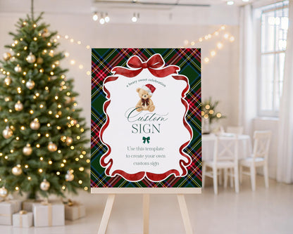Green Tartan Plaid Christmas Bear Custom Sign Template, We Can Bearly Wait Christmas Baby Shower, Beary First Birthday December Party WP1083