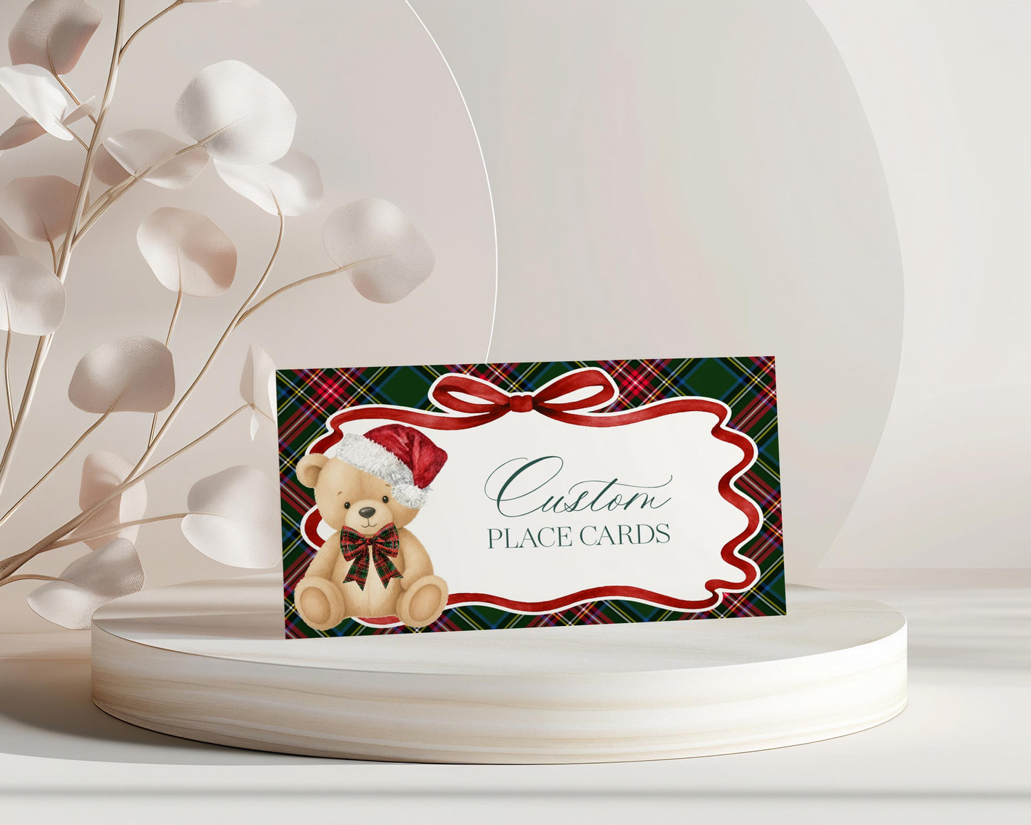 Green Tartan Plaid Christmas Bear Place Cards Template, We Can Bearly Wait Christmas Baby Shower, Beary First Birthday December Party WP1083