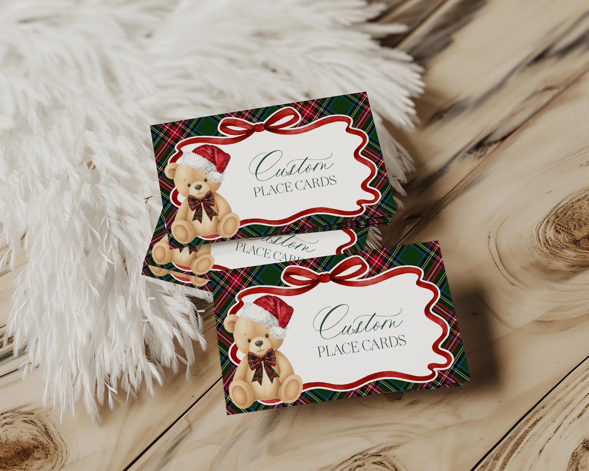 Green Tartan Plaid Christmas Bear Place Cards Template, We Can Bearly Wait Christmas Baby Shower, Beary First Birthday December Party WP1083