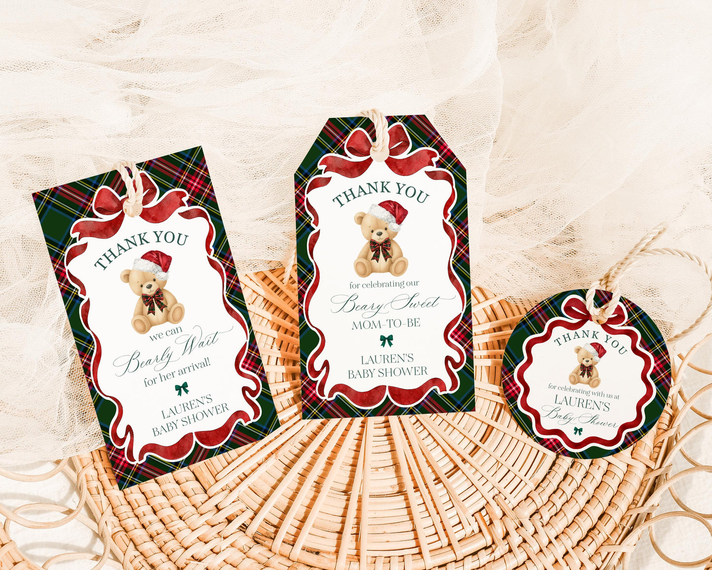 Green Tartan Plaid Christmas Bear Baby Shower Favor Tags Template, We Can Bearly Wait Christmas Baby Sprinkle, December Nesting Party WP1083