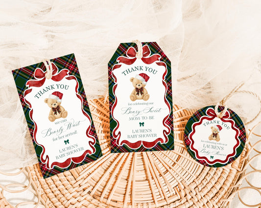 Green Tartan Plaid Christmas Bear Baby Shower Favor Tags Template, We Can Bearly Wait Christmas Baby Sprinkle, December Nesting Party WP1083