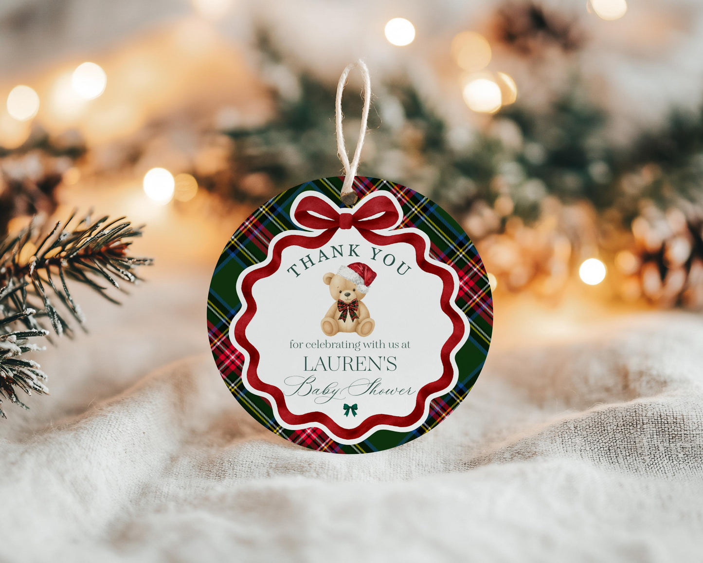 Green Tartan Plaid Christmas Bear Baby Shower Favor Tags Template, We Can Bearly Wait Christmas Baby Sprinkle, December Nesting Party WP1083