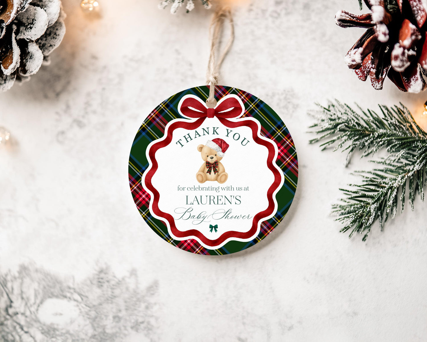 Green Tartan Plaid Christmas Bear Baby Shower Favor Tags Template, We Can Bearly Wait Christmas Baby Sprinkle, December Nesting Party WP1083