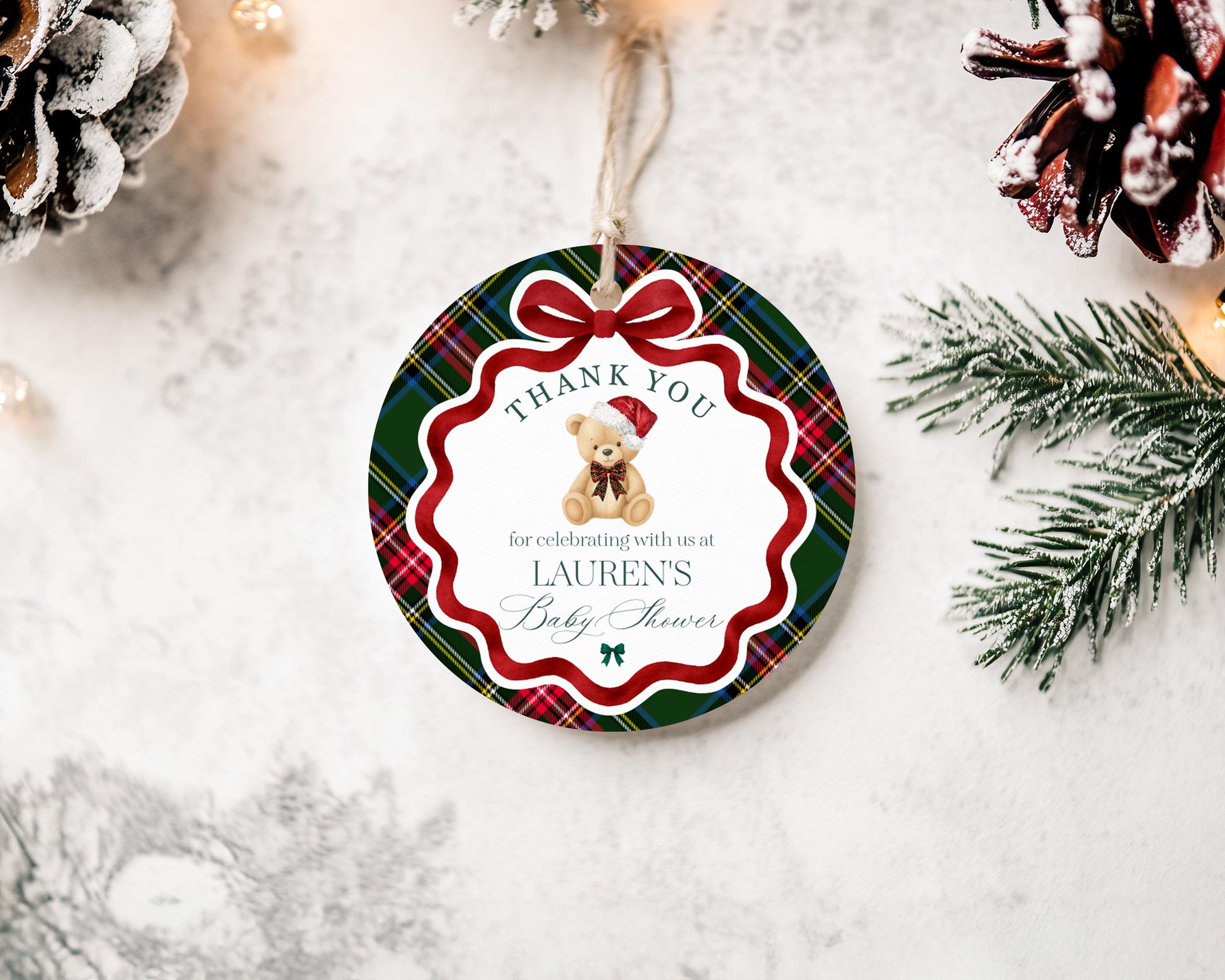 Green Tartan Plaid Christmas Bear Birthday Party Favor Tags Template, Beary First Birthday Christmas December Party Decor WP1083
