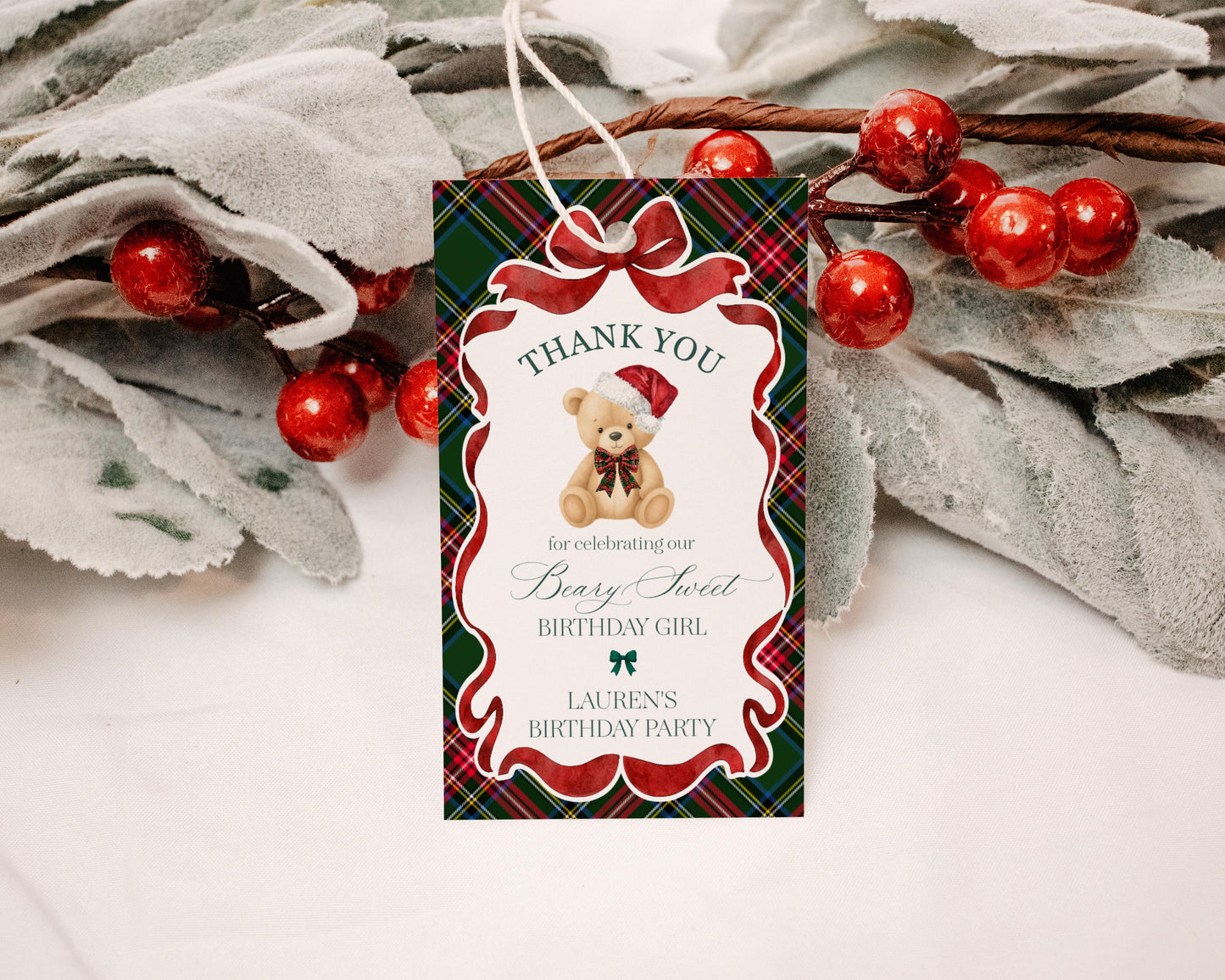 Green Tartan Plaid Christmas Bear Birthday Party Favor Tags Template, Beary First Birthday Christmas December Party Decor WP1083