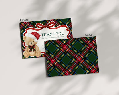 Green Tartan Plaid Christmas Bear Thank You Card Template, We Can Bearly Wait Christmas Baby Shower, December Beary First Birthday WP1083