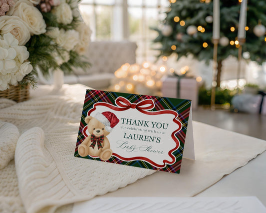 Green Tartan Plaid Christmas Bear Thank You Card Template, We Can Bearly Wait Christmas Baby Shower, December Beary First Birthday WP1083