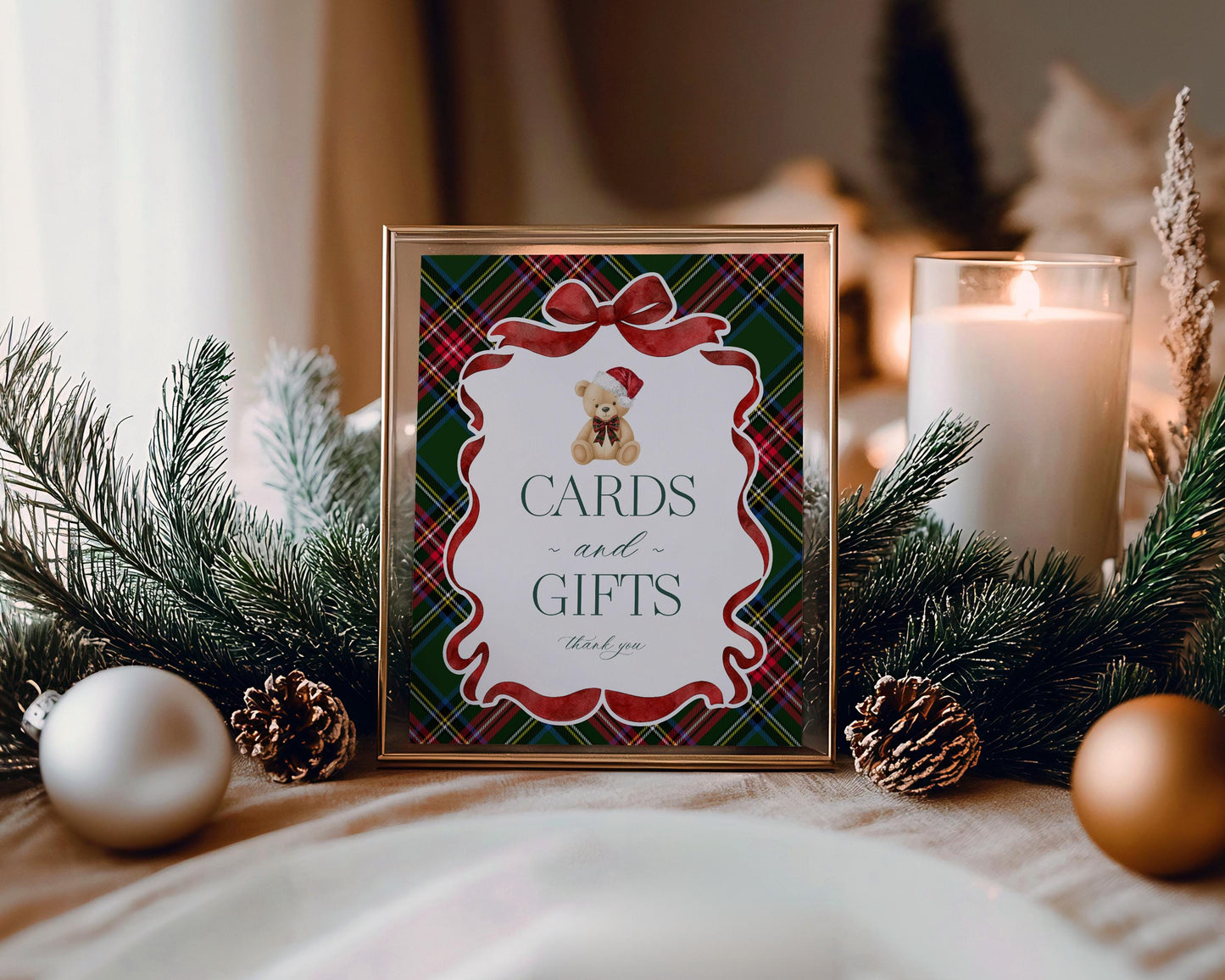 Green Tartan Plaid Christmas Bear Cards & Gifts and Favors Sign Template, We Can Bearly Wait Christmas Baby Shower, December Birthday WP1083