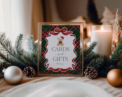 Green Tartan Plaid Christmas Bear Cards & Gifts and Favors Sign Template, We Can Bearly Wait Christmas Baby Shower, December Birthday WP1083