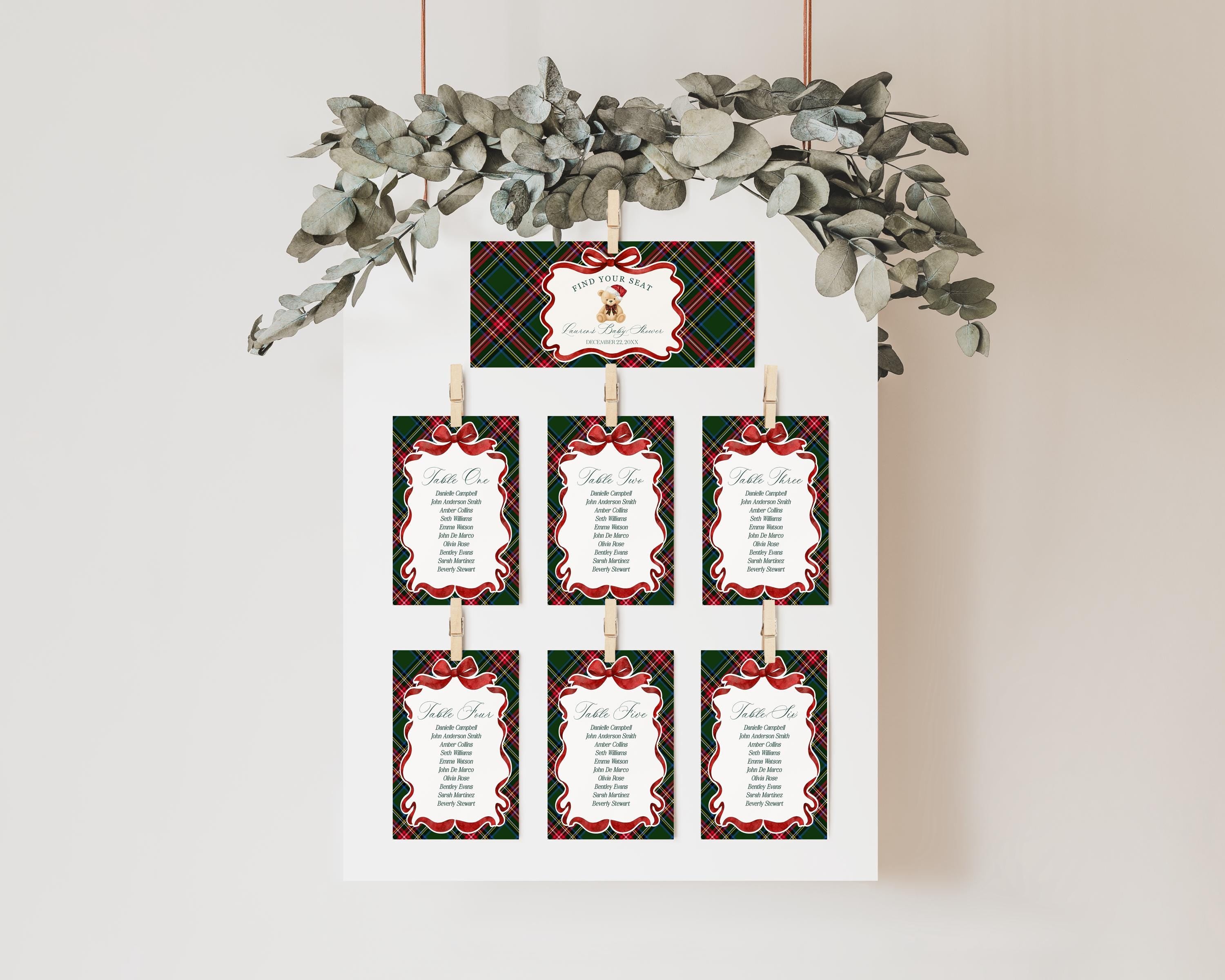 Green Tartan Plaid Christmas Bear Seating Chart Cards Template, We Can Bearly Wait Christmas Baby Shower, December Beary 1st Birthday WP1083