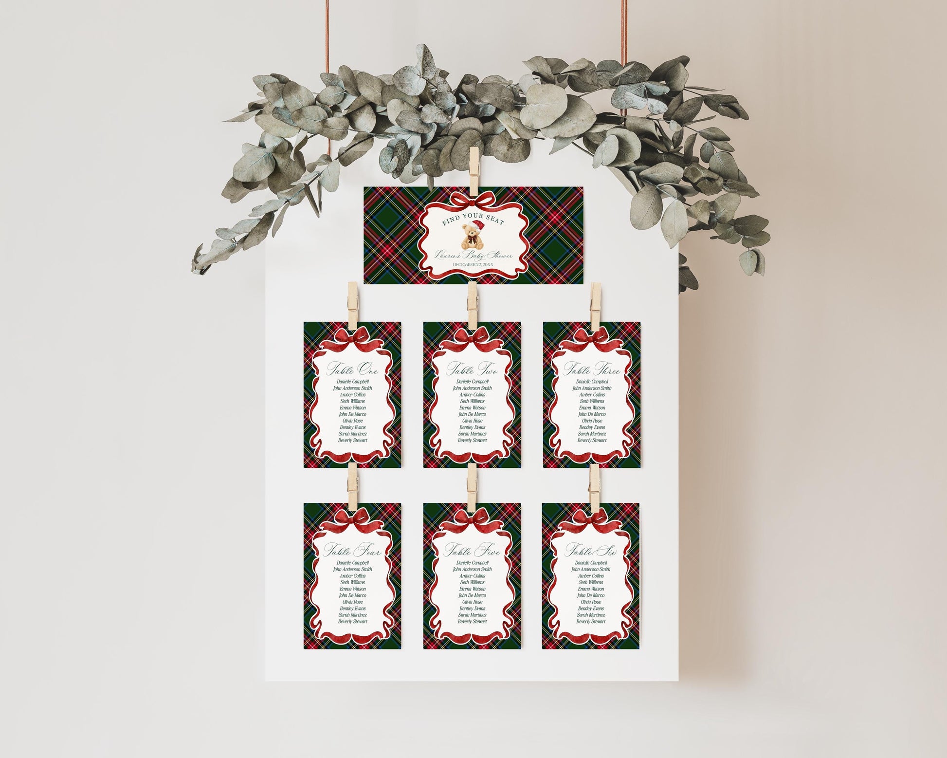 Green Tartan Plaid Christmas Bear Seating Chart Poster Template, We Can Bearly Wait Christmas Baby Shower December Beary 1st Birthday WP1083