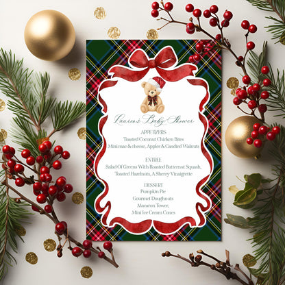 Green Tartan Plaid Christmas Bear Menu Template, We Can Bearly Wait Christmas Baby Shower, December Beary First Birthday WP1083