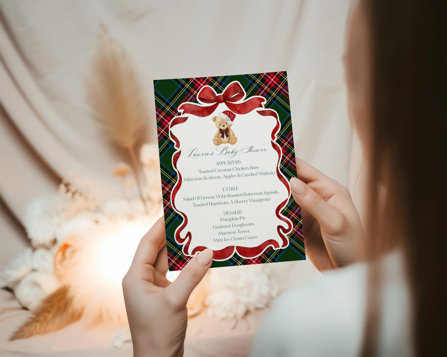 Green Tartan Plaid Christmas Bear Menu Template, We Can Bearly Wait Christmas Baby Shower, December Beary First Birthday WP1083