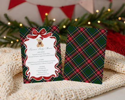Green Tartan Plaid Christmas Bear Menu Template, We Can Bearly Wait Christmas Baby Shower, December Beary First Birthday WP1083