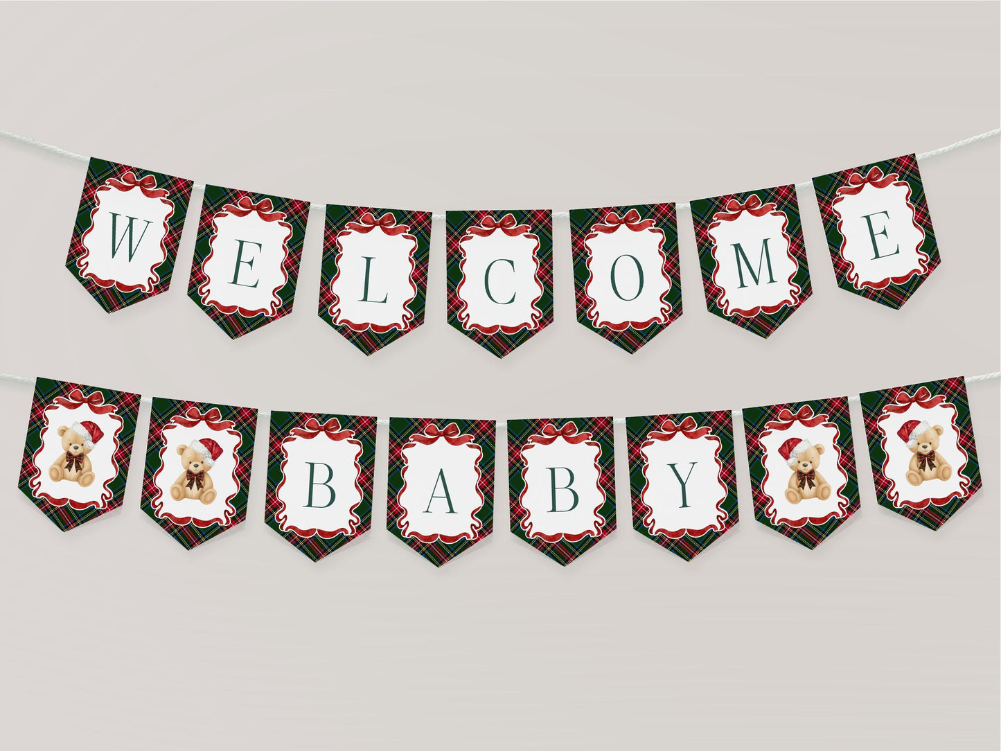 Green Tartan Plaid Christmas Bear Baby Shower Banner Template, We Can Bearly Wait Christmas Baby Sprinkle December Plaid Bear Nesting WP1083