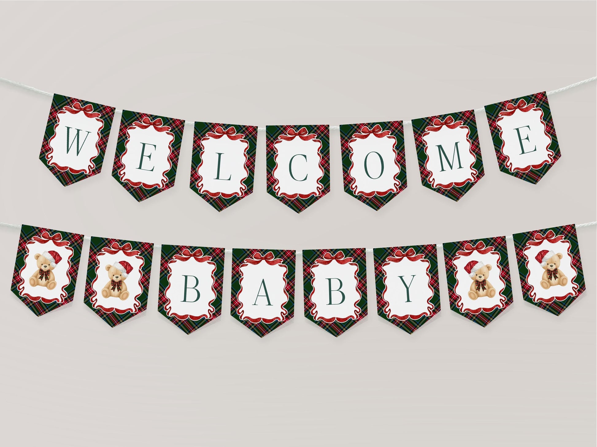 Green Tartan Plaid Christmas Bear Baby Shower Banner Template, We Can Bearly Wait Christmas Baby Sprinkle December Plaid Bear Nesting WP1083