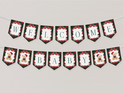 Green Tartan Plaid Christmas Bear Baby Shower Banner Template, We Can Bearly Wait Christmas Baby Sprinkle December Plaid Bear Nesting WP1083
