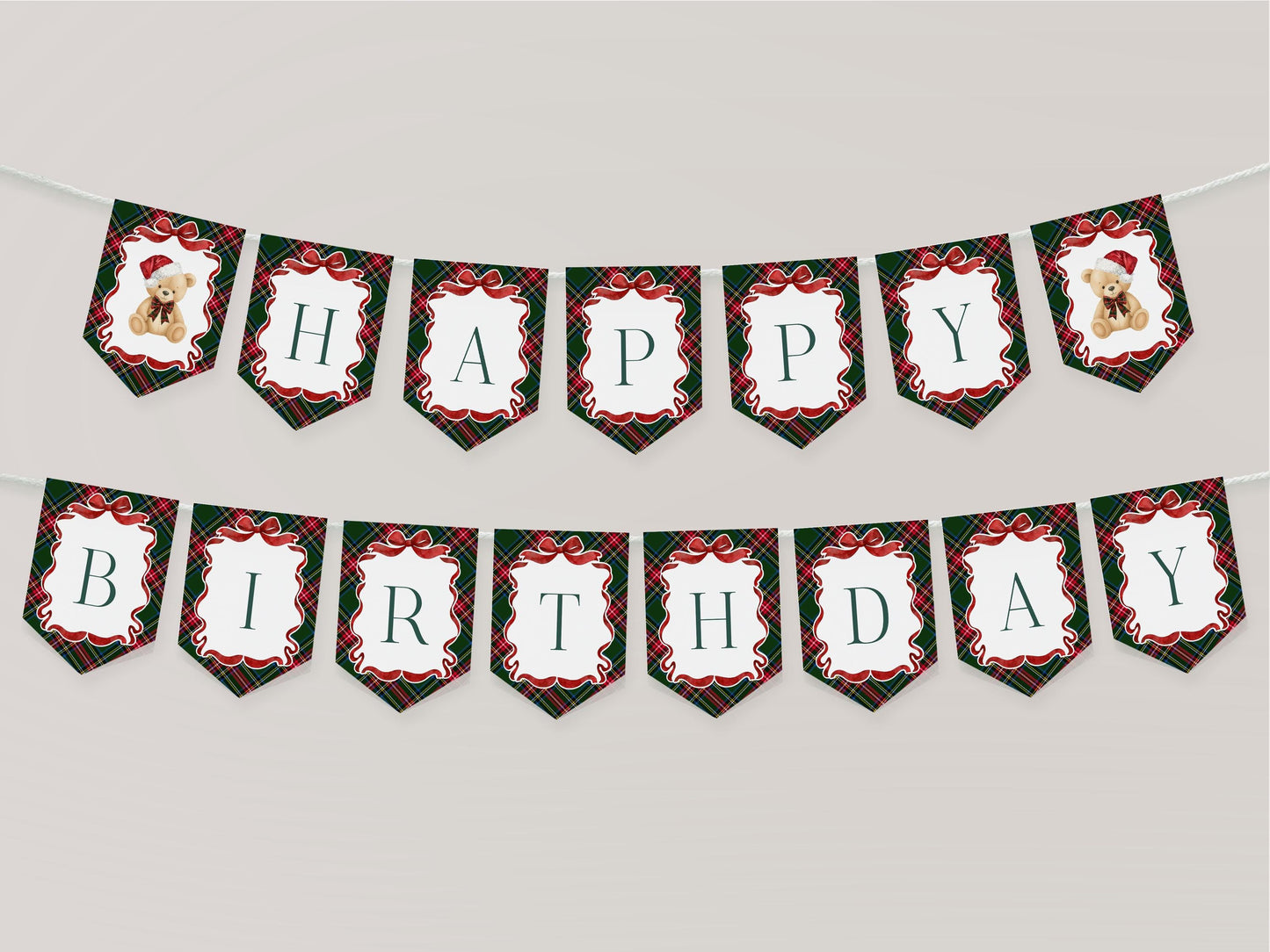 Green Tartan Plaid Christmas Bear Birthday Banner Template, Beary First Birthday Christmas Birthday Party Decor, December Bday Party WP1083