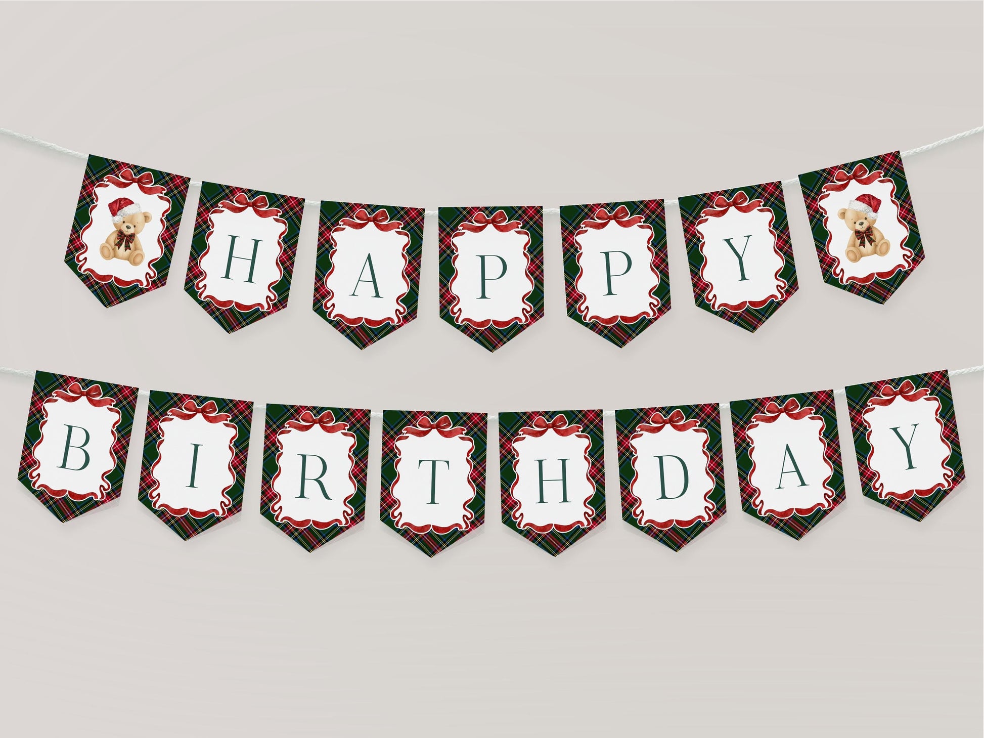Green Tartan Plaid Christmas Bear Birthday Banner Template, Beary First Birthday Christmas Birthday Party Decor, December Bday Party WP1083