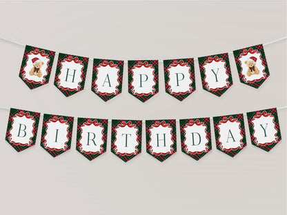 Green Tartan Plaid Christmas Bear Birthday Banner Template, Beary First Birthday Christmas Birthday Party Decor, December Bday Party WP1083
