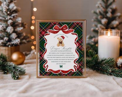 Green Tartan Plaid Christmas Bear Baby Shower Diaper Thoughts Sign Template, We Can Bearly Wait December Christmas Baby Sprinkle WP1083