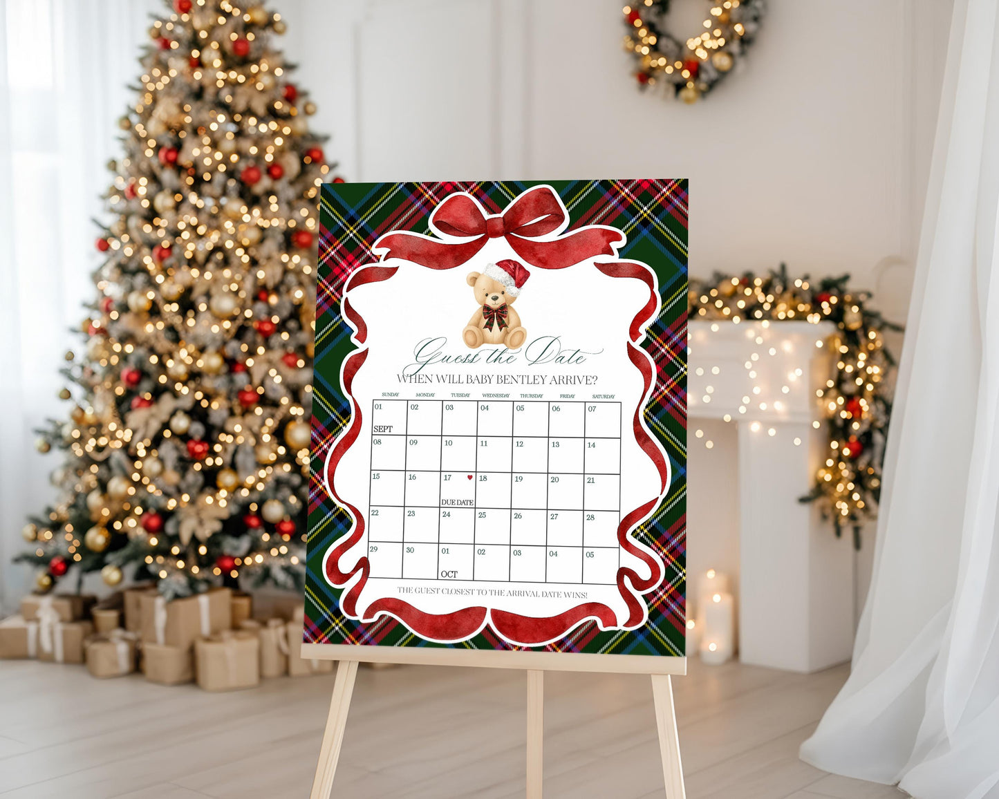 Green Tartan Plaid Christmas Bear Baby Shower Guess the Date Game Template, We Can Bearly Wait Christmas Baby Sprinkle December Party WP1083