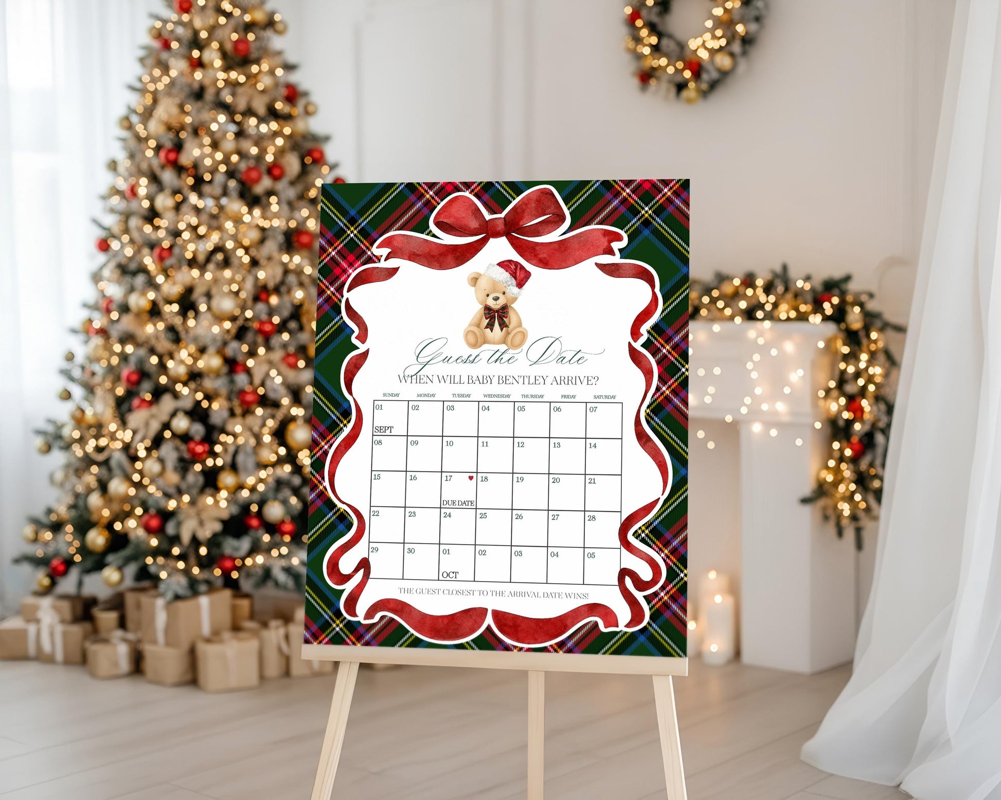 Green Tartan Plaid Christmas Bear Baby Shower Guess the Date Game Template, We Can Bearly Wait Christmas Baby Sprinkle December Party WP1083