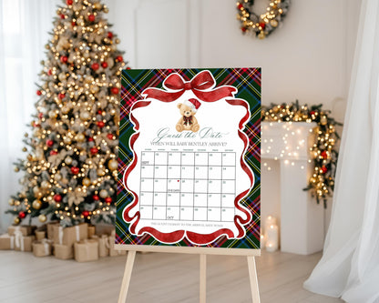 Green Tartan Plaid Christmas Bear Baby Shower Guess the Date Game Template, We Can Bearly Wait Christmas Baby Sprinkle December Party WP1083