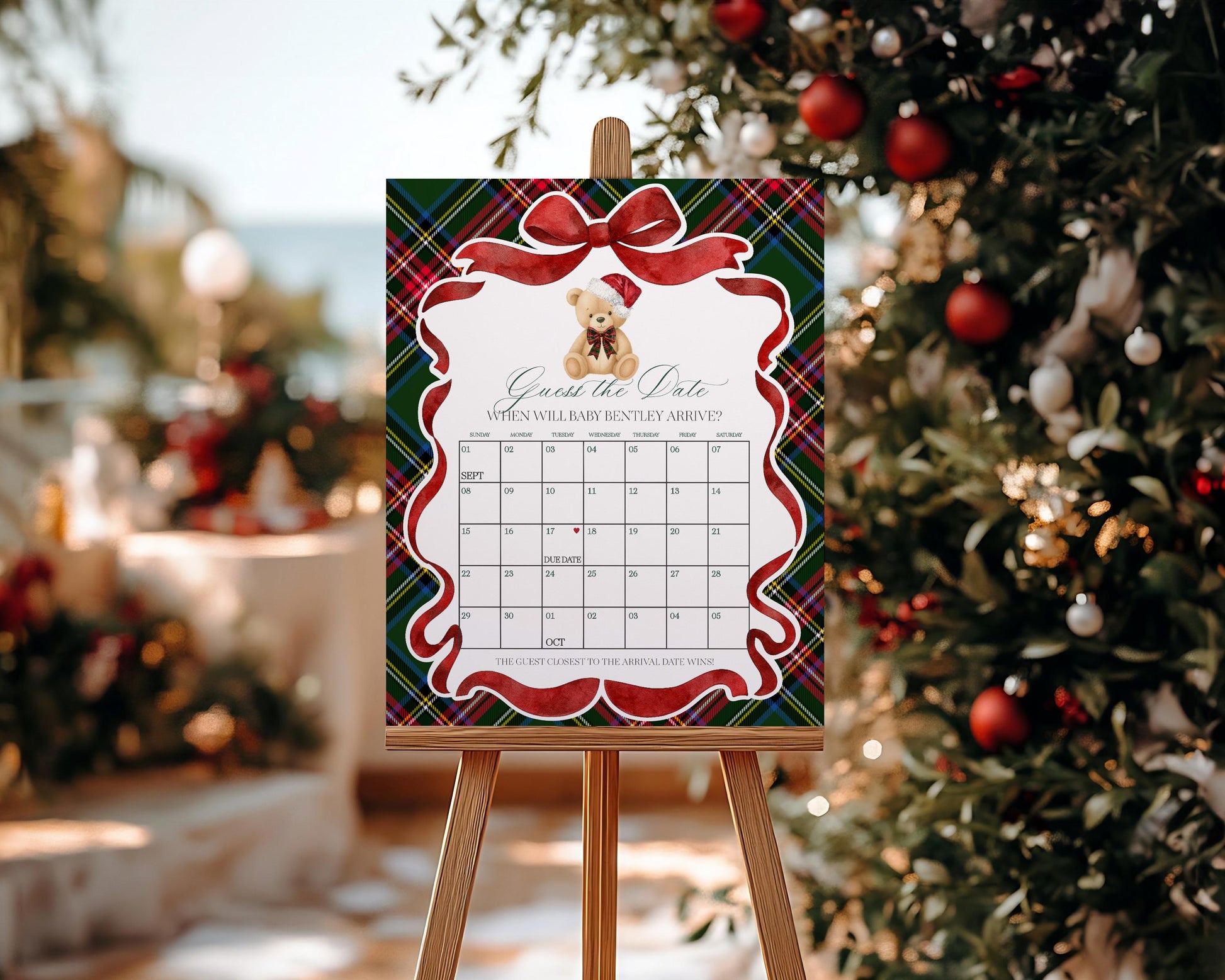 Green Tartan Plaid Christmas Bear Baby Shower Guess the Date Game Template, We Can Bearly Wait Christmas Baby Sprinkle December Party WP1083