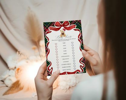 Green Tartan Plaid Christmas Bear Baby Shower Games Template, We Can Bearly Wait Christmas Baby Sprinkle, December Plaid Bear Nesting WP1083