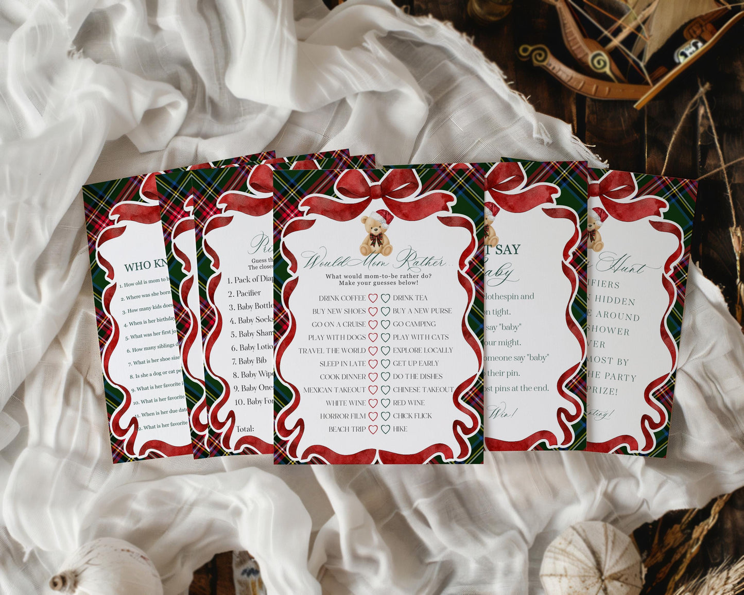 Green Tartan Plaid Christmas Bear Baby Shower Games Template, We Can Bearly Wait Christmas Baby Sprinkle, December Plaid Bear Nesting WP1083