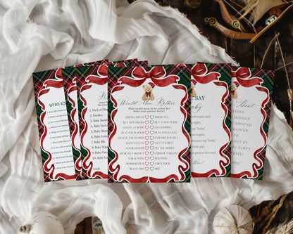 Green Tartan Plaid Christmas Bear Baby Shower Games Template, We Can Bearly Wait Christmas Baby Sprinkle, December Plaid Bear Nesting WP1083