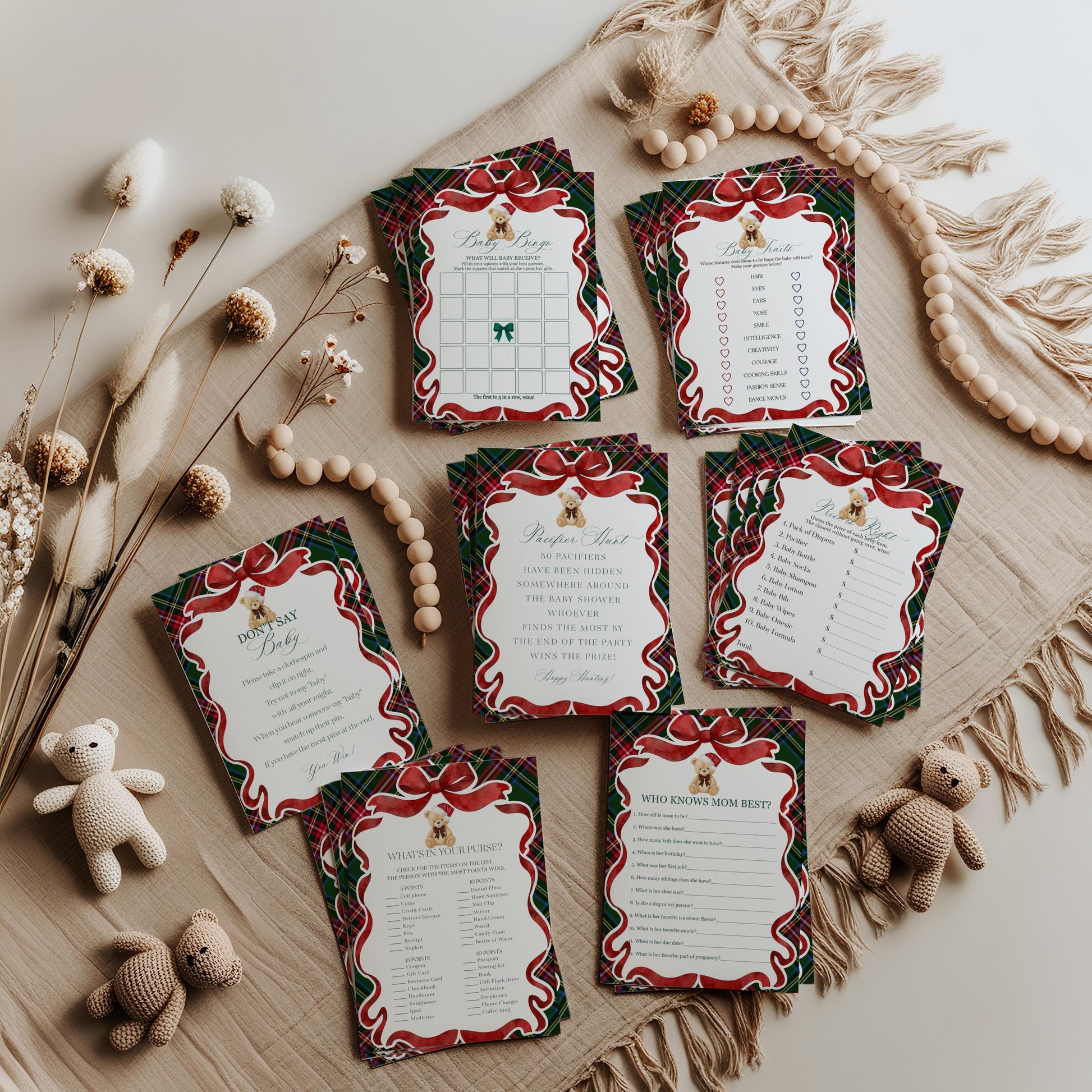 Green Tartan Plaid Christmas Bear Baby Shower Games Template, We Can Bearly Wait Christmas Baby Sprinkle, December Plaid Bear Nesting WP1083